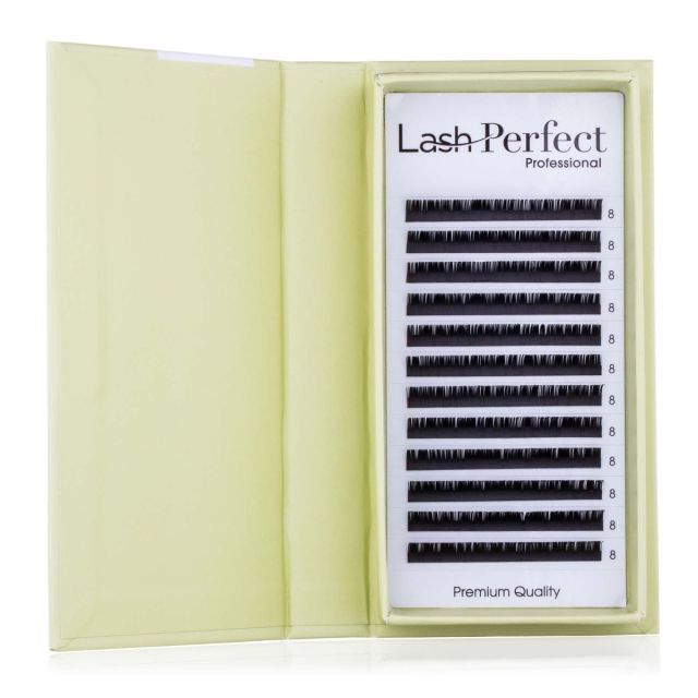 Flat Lashes in a tray, opened so the lash thickness, style and length can be seen.